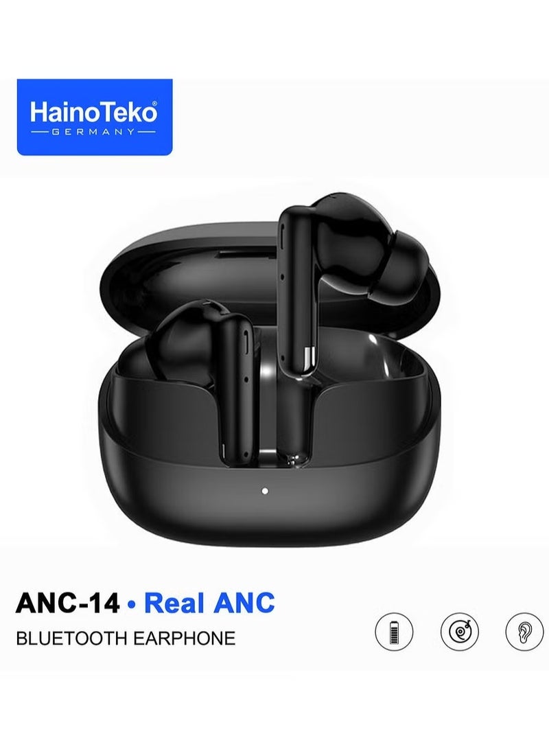 Haino Teko ANC-14 Bluetooth Earphones with Real Active Noise Cancellation, Bass Music Experience, Super Clear Microphone & Multi-Functional Touch Control – Compatible with iPhones & iPads – Premium Black Wireless Earbuds for Superior Sound & Clear Calls - Image 1