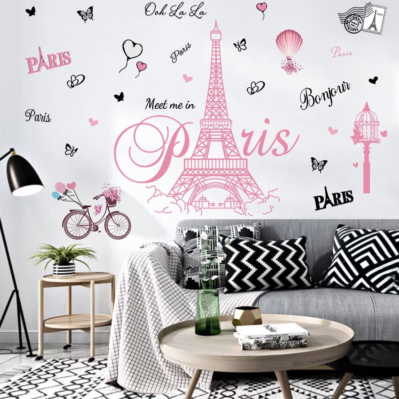 Datesno Pink Paris Wall Stickers Bicycle Hot Air Balloon Eiffel Tower Wall Decals Peel and Stick Paris Tower Decor Wall Art Sticker for Bedroom Living Room Sofa Backdrop TV - Image 3