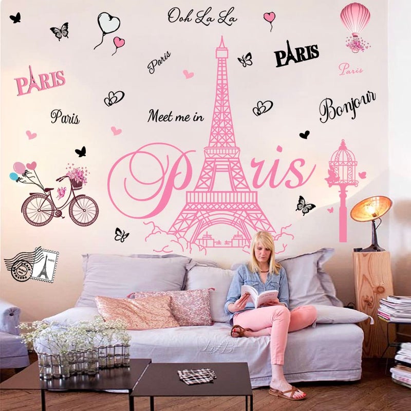 Datesno Pink Paris Wall Stickers Bicycle Hot Air Balloon Eiffel Tower Wall Decals Peel and Stick Paris Tower Decor Wall Art Sticker for Bedroom Living Room Sofa Backdrop TV - Image 4
