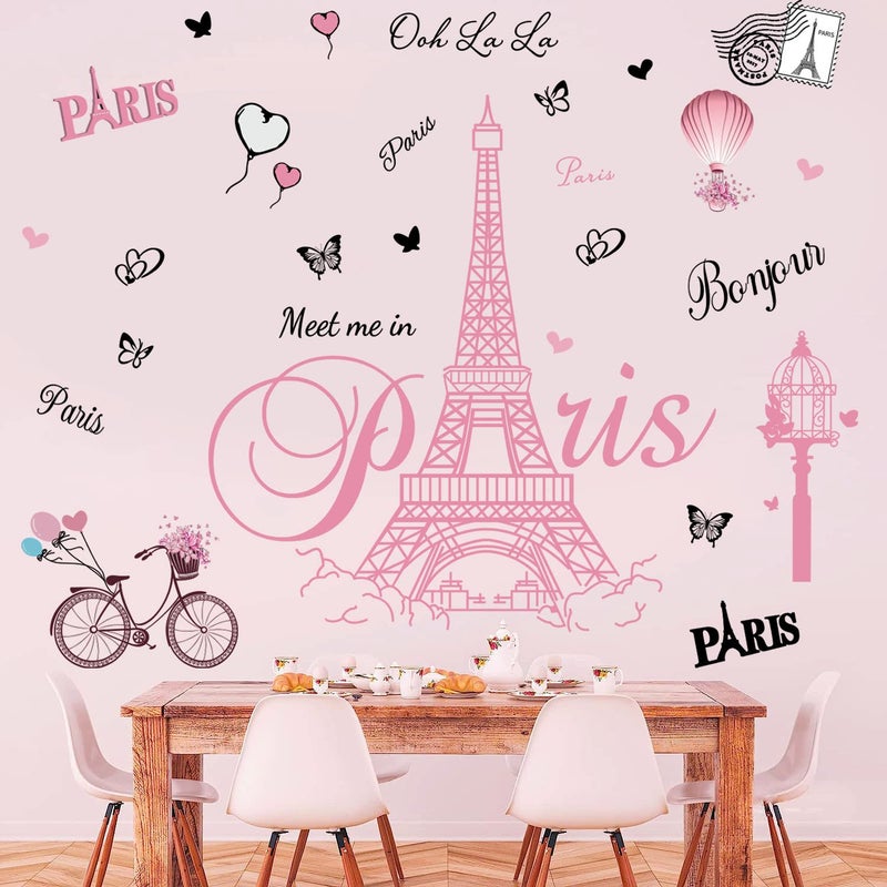 Datesno Pink Paris Wall Stickers Bicycle Hot Air Balloon Eiffel Tower Wall Decals Peel and Stick Paris Tower Decor Wall Art Sticker for Bedroom Living Room Sofa Backdrop TV - Image 2