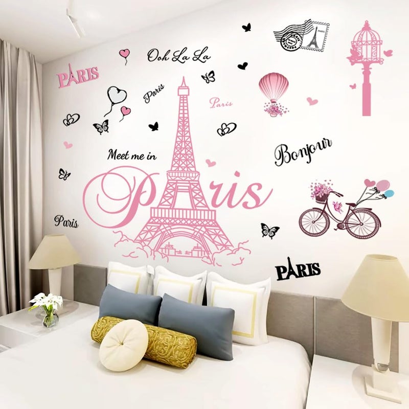 Datesno Pink Paris Wall Stickers Bicycle Hot Air Balloon Eiffel Tower Wall Decals Peel and Stick Paris Tower Decor Wall Art Sticker for Bedroom Living Room Sofa Backdrop TV - Image 1