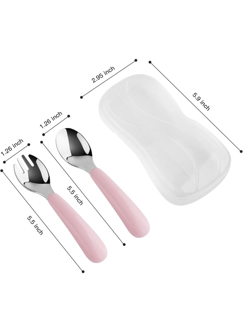 2-Set Toddler Fork and Spoon Set Baby Utensils Set with Carrying Case, Designed for Self Feeding and Training Child Tableware Travel Set (White & Pink) - Image 2