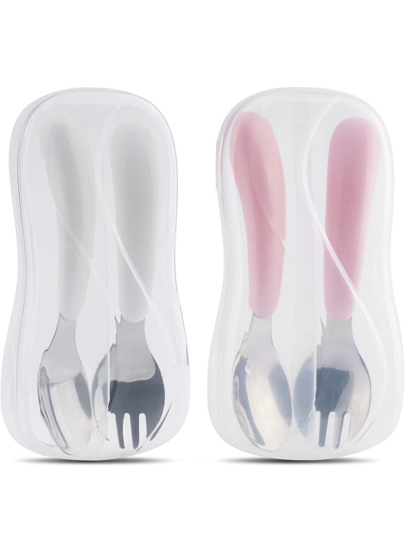 2-Set Toddler Fork and Spoon Set Baby Utensils Set with Carrying Case, Designed for Self Feeding and Training Child Tableware Travel Set (White & Pink) - Image 1