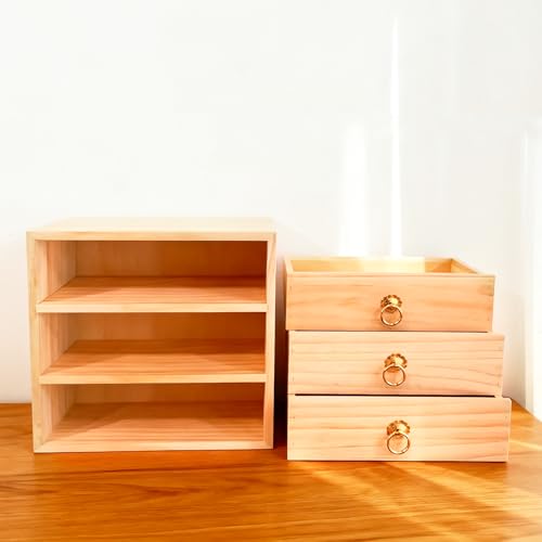 LONG TAO 3 Layer Natural Wooden Storage Box with Drawers Desk Organizer Desk Accessories 3 Drawer Storage Organizer Wood Tabletop Organizer with Metal Handle for Home Office Counter Craft Decor - Image 3