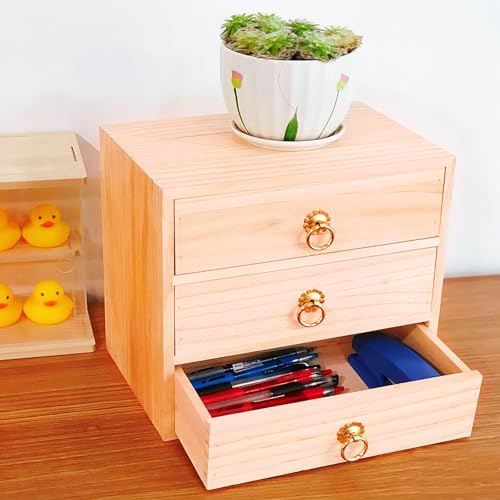 LONG TAO 3 Layer Natural Wooden Storage Box with Drawers Desk Organizer Desk Accessories 3 Drawer Storage Organizer Wood Tabletop Organizer with Metal Handle for Home Office Counter Craft Decor - Image 5