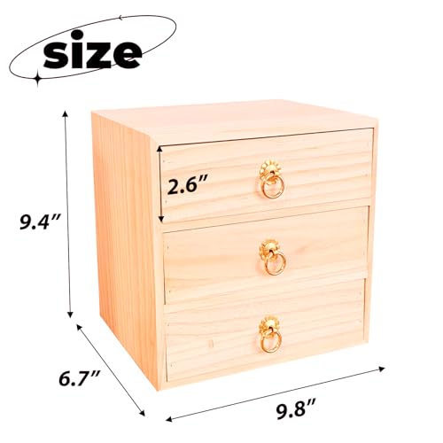 LONG TAO 3 Layer Natural Wooden Storage Box with Drawers Desk Organizer Desk Accessories 3 Drawer Storage Organizer Wood Tabletop Organizer with Metal Handle for Home Office Counter Craft Decor - Image 2