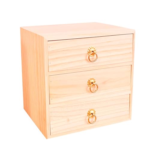 LONG TAO 3 Layer Natural Wooden Storage Box with Drawers Desk Organizer Desk Accessories 3 Drawer Storage Organizer Wood Tabletop Organizer with Metal Handle for Home Office Counter Craft Decor - Image 1