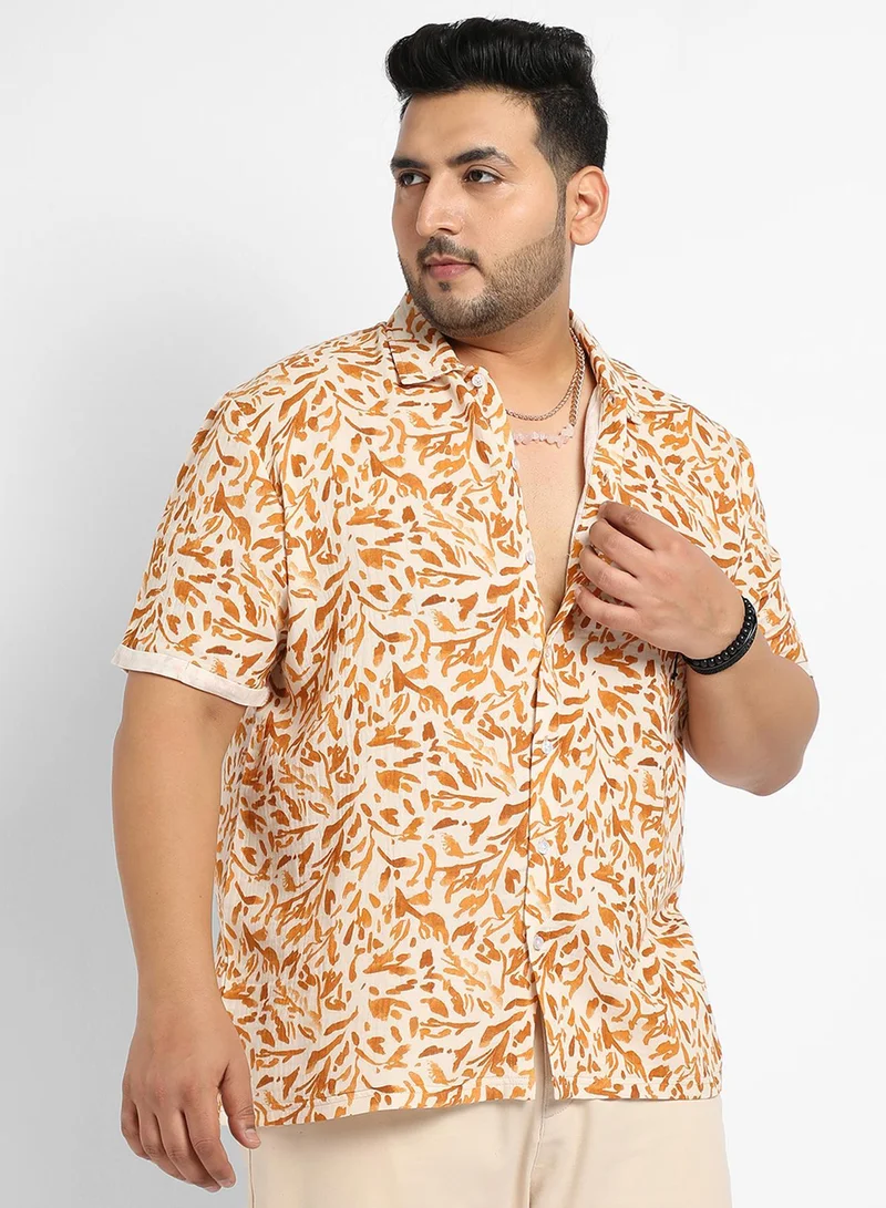 انستافاب بلس قميص رجالي قطني بنقوش أوراق الشجر بني مريح للارتداء اليومي بياقة سبيد وأكمام قصيرة وإغلاق بأزرار