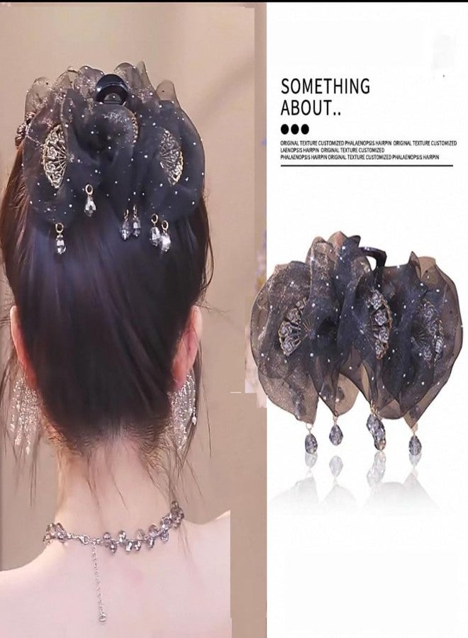 Melodio Sparkling Tulle Floral Hair Claw Clip - 1Pc Elegant Hair Accessory for Women, Strong Hold Jaw Clip for Bun/Updo Hairstyles (Black) - Image 2