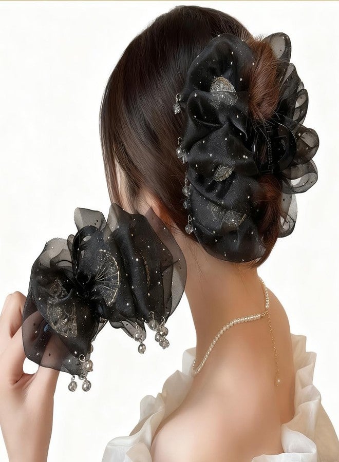 Melodio Sparkling Tulle Floral Hair Claw Clip - 1Pc Elegant Hair Accessory for Women, Strong Hold Jaw Clip for Bun/Updo Hairstyles (Black) - Image 1