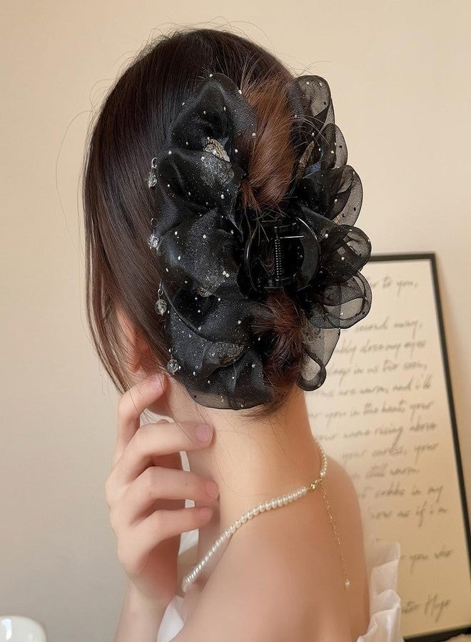Melodio Sparkling Tulle Floral Hair Claw Clip - 1Pc Elegant Hair Accessory for Women, Strong Hold Jaw Clip for Bun/Updo Hairstyles (Black) - Image 4