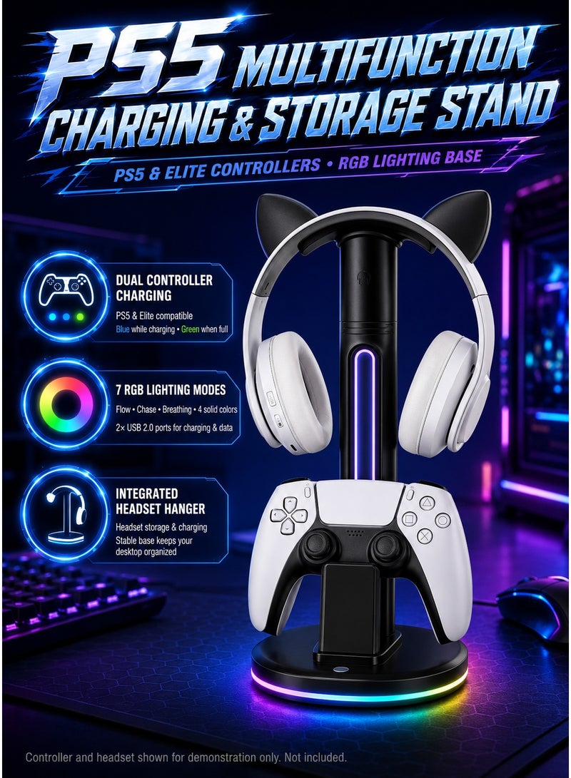قاعدة شحن لوحدة تحكم PS5، حامل شحن مزود بمنفذي شحن USB وحامل لسماعة الرأس، لون أسود - Image 1