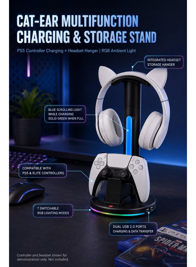قاعدة شحن لوحدة تحكم PS5، حامل شحن مزود بمنفذي شحن USB وحامل لسماعة الرأس، لون أسود - Image 2