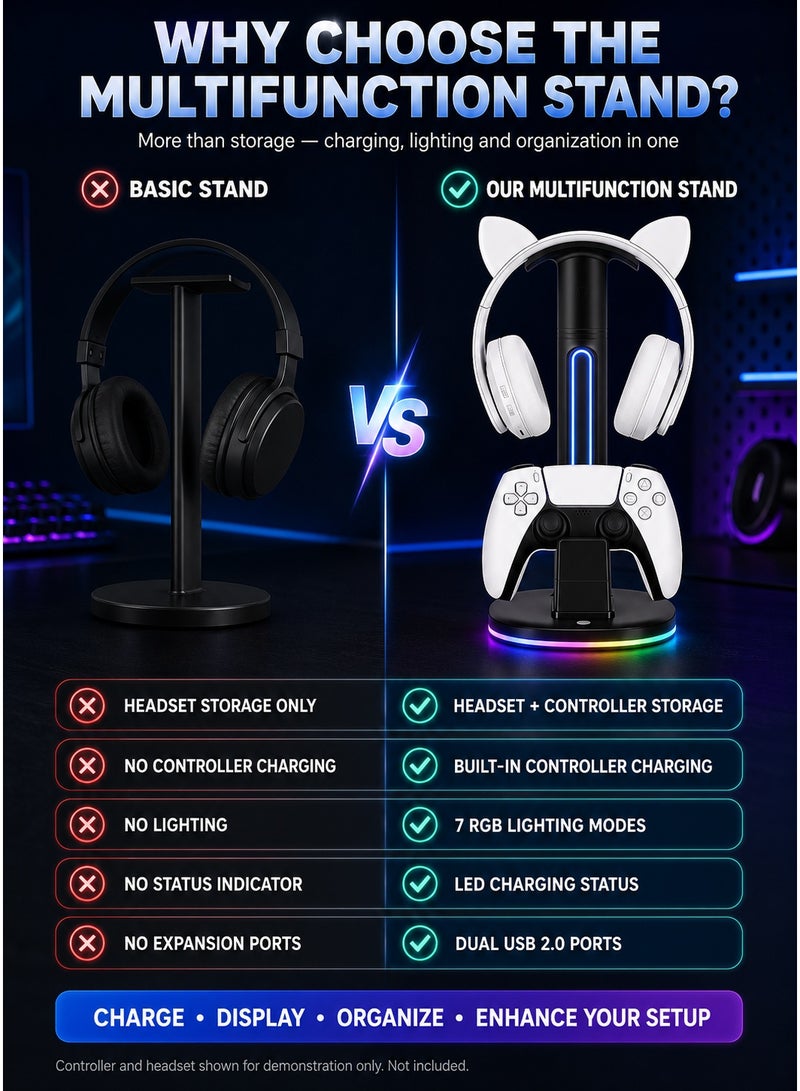 قاعدة شحن لوحدة تحكم PS5، حامل شحن مزود بمنفذي شحن USB وحامل لسماعة الرأس، لون أسود - Image 3