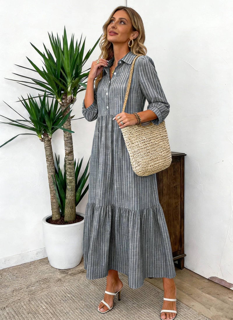 XNC Women's Striped Maxi Dresses 2026 Summer Fashion Collared Boho Dress Print 3/4 Sleeve Work Dress with Pockets Gray - Image 3