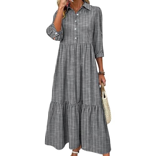 XNC Women's Striped Maxi Dresses 2026 Summer Fashion Collared Boho Dress Print 3/4 Sleeve Work Dress with Pockets Gray - Image 1