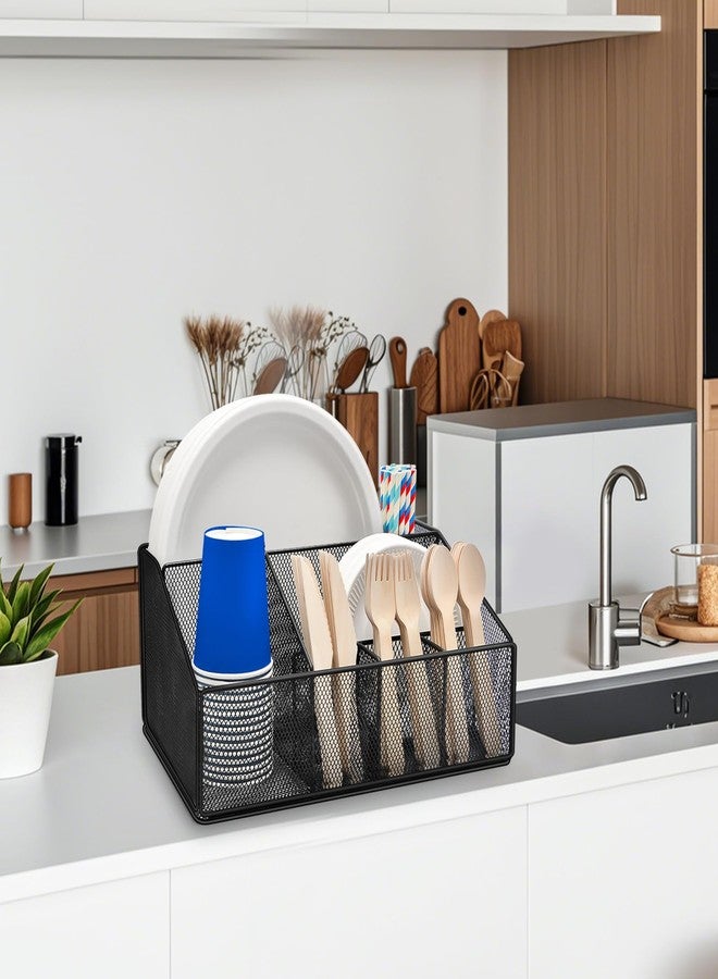 wishfly Paper Plate Holder for Countertop, Paper Plate Dispenser, Metal Silverware Caddy with 6 Compartments, Picnic and Camping Utensil Holder for Plates, Cups, Napkins, Forks, Knives,Spoons(12.5x9.2x6In) - Image 3