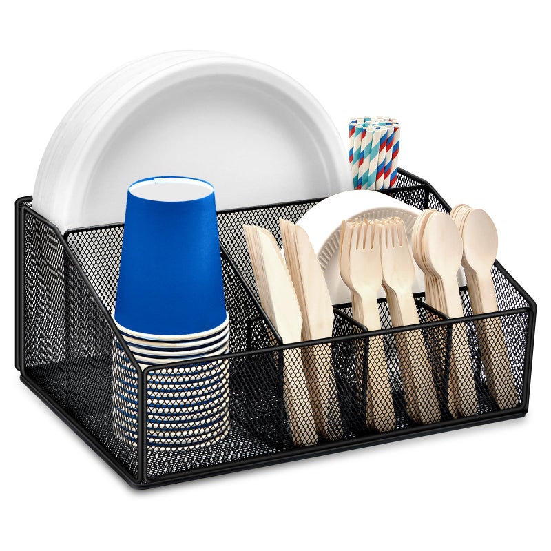 wishfly Paper Plate Holder for Countertop, Paper Plate Dispenser, Metal Silverware Caddy with 6 Compartments, Picnic and Camping Utensil Holder for Plates, Cups, Napkins, Forks, Knives,Spoons(12.5x9.2x6In) - Image 1