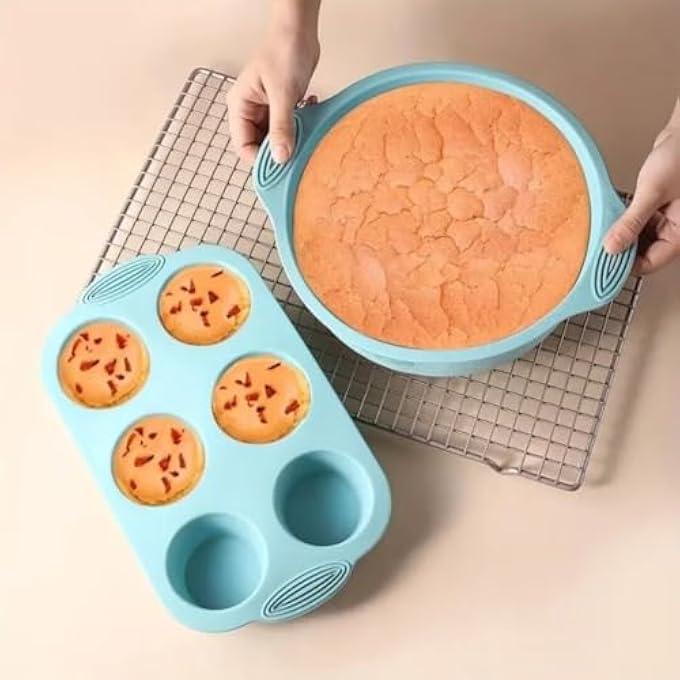 6 In 1 Silicone Baking Pan Tin Plate Oven Mold Kits Heat Resistant Baking Pan Supplies Mold Toolkit For Cake Pancakes Cream Cupcakes Breads Muffins And Oven Utensils - Image 2