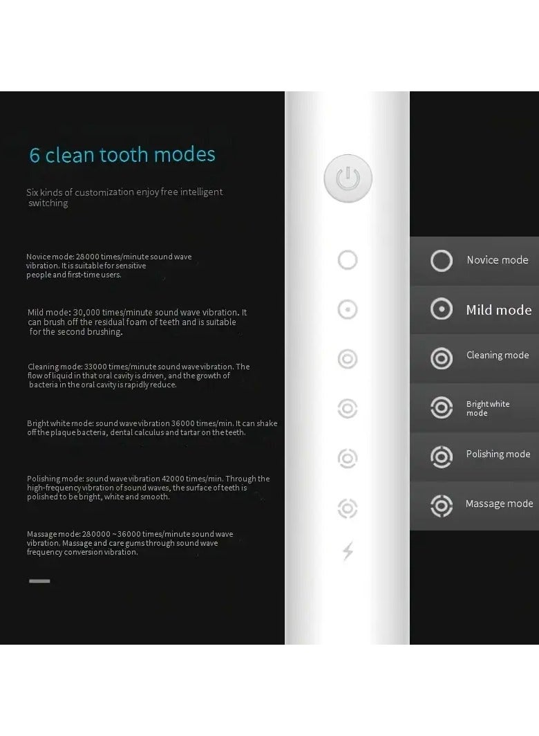 Rozino New Adult Sound Wave Electric Toothbrush Six Cleaning Functions Whitening Home Lovers Soft Hair Electric Toothbrush - Image 2