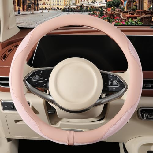 Binsheo Nappa Leather Pink Steering Wheel Cover, Advanced Microfiber Leather Non-Slip Breathable Fabric, Warm in Winter and Cool in Summer, Universal 15 inch - Image 2