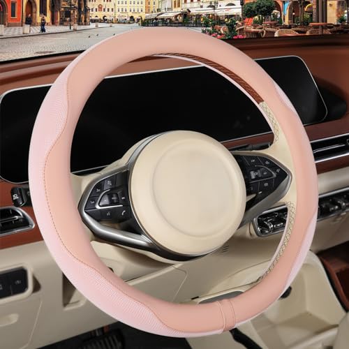 Binsheo Nappa Leather Pink Steering Wheel Cover, Advanced Microfiber Leather Non-Slip Breathable Fabric, Warm in Winter and Cool in Summer, Universal 15 inch - Image 1