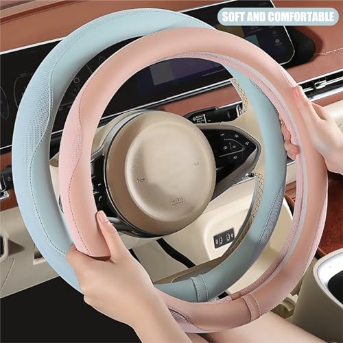 Binsheo Nappa Leather Pink Steering Wheel Cover, Advanced Microfiber Leather Non-Slip Breathable Fabric, Warm in Winter and Cool in Summer, Universal 15 inch - Image 4