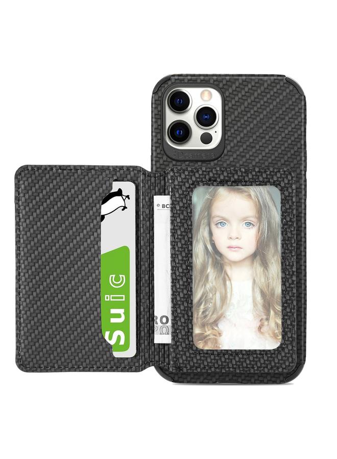 The Bros Phone Case For iPhone 12 mini Carbon Fiber Magnetic Card Bag TPU+PU Shockproof Back Cover Phone Case with Holder & Card Slot & Photo Frame  - Image 1