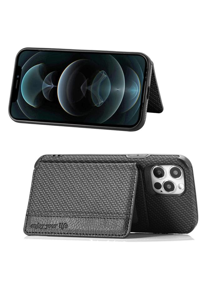 The Bros Phone Case For iPhone 12 mini Carbon Fiber Magnetic Card Bag TPU+PU Shockproof Back Cover Phone Case with Holder & Card Slot & Photo Frame  - Image 3