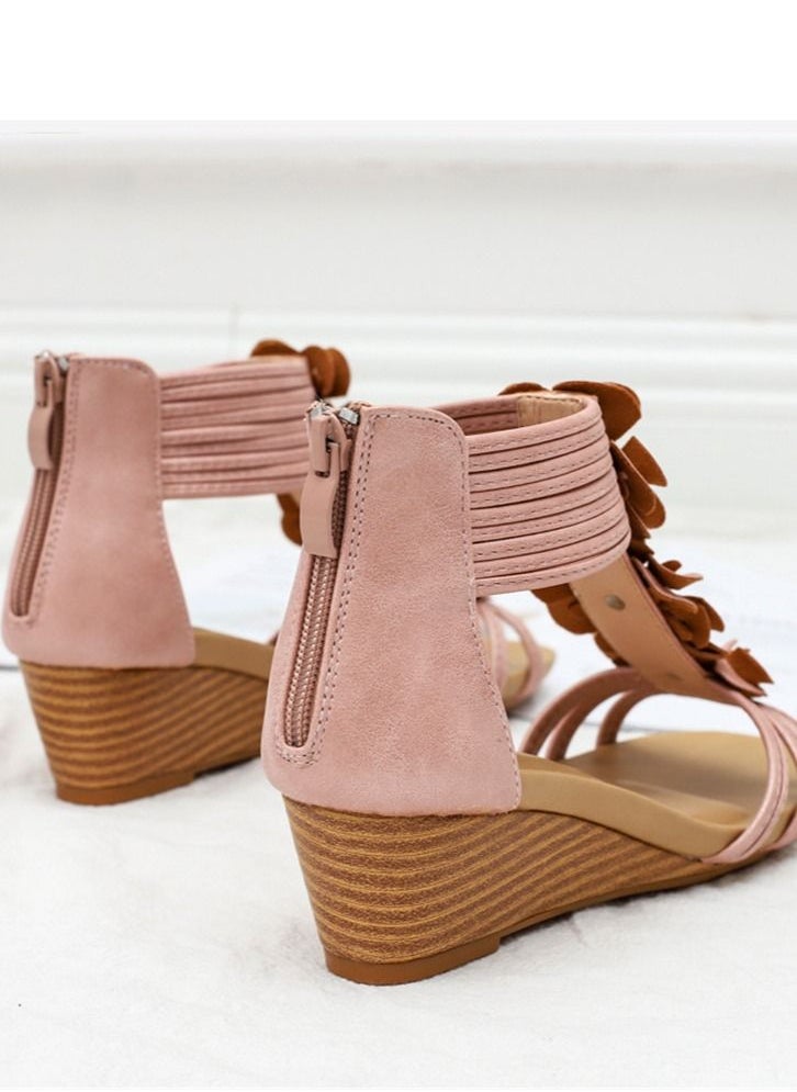 Loquat - Ethnic Flower Wedge Heel Sandals 5CM Pink - Image 1