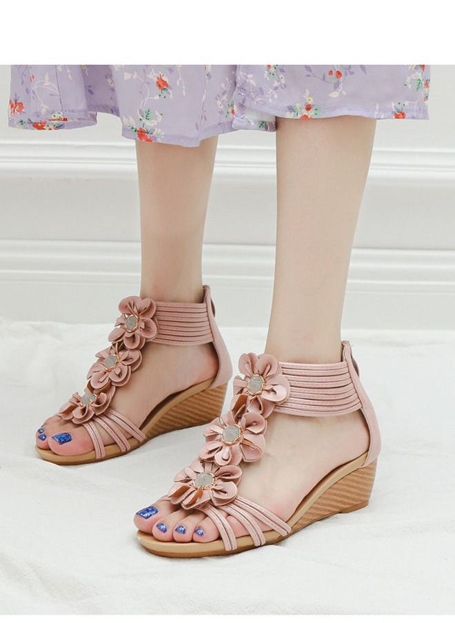 Loquat - Ethnic Flower Wedge Heel Sandals 5CM Pink - Image 1