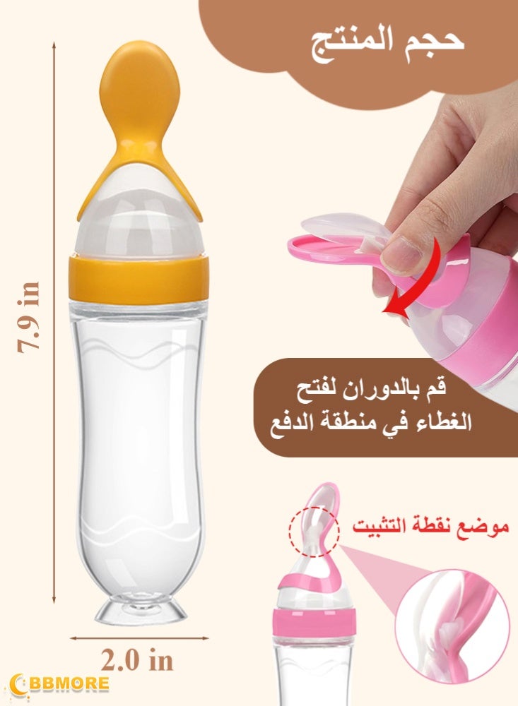 بي بي مور طقم مكوّن من ملعقتين لتوزيع طعام الأطفال سعة 90 مل، مغذّي طعام للأطفال من السيليكون مع قاعدة شفط وفرشاة تنظيف، ملعقة ضغط مانعة للتسرّب للمهروس والأطعمة الصلبة، تغذية بيد واحدة، مناسبة للسفر للرضّع والأطفال الصغار (وردي وأصفر) - Image 5