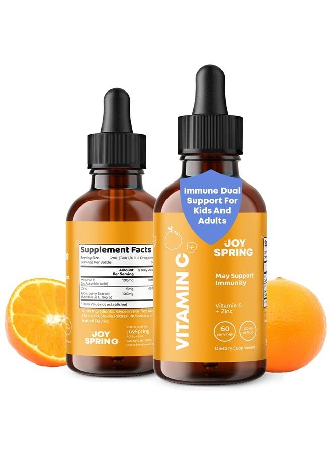 JoySpring Kids Vitamin C Drops, Organic Liquid Vitamin C, Elderberry Extract with Zinc, Childrens Liquid Supplement, Immune Support, High Antioxidant Vitamin C Drops, Sugar-Free - 4 fl oz (60 Servings)  - Image 1
