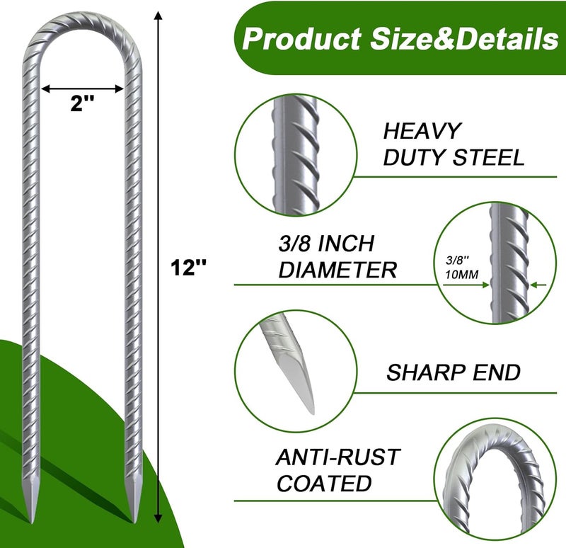 AAGUT Trampoline Stakes 12 Inch 6 Pack, 3/8 Inch Trampoline Tie Down Anchor Kit High Wind Heavy Duty, Galvanized Steel Trampolines Accessories U Shaped Ground Rebar Stakes for Soccer Goal, Swing Set - Image 2