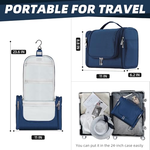 Buruis Hanging Toiletry Bag for Women and Men, Large Water-Resistant Makeup Organizer with Sturdy Hook, Lightweight Nylon Dopp Kit for Full-Sized Toiletries & Cosmetics, Blue - Image 3