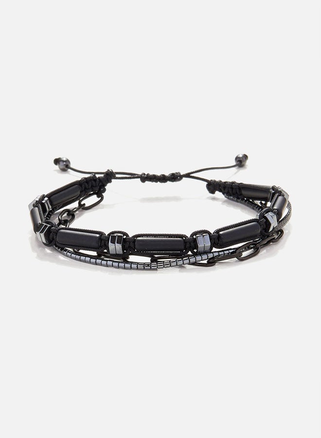 CHRYSOSTOMOS Handmade Adjustable Beaded Multi-Line Bracelet with Black Matte Tube, Grommet, Hematite Nut, Cords and Chain - Image 1