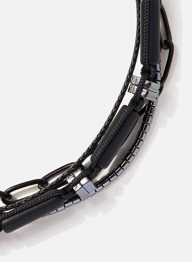 CHRYSOSTOMOS Handmade Adjustable Beaded Multi-Line Bracelet with Black Matte Tube, Grommet, Hematite Nut, Cords and Chain - Image 2