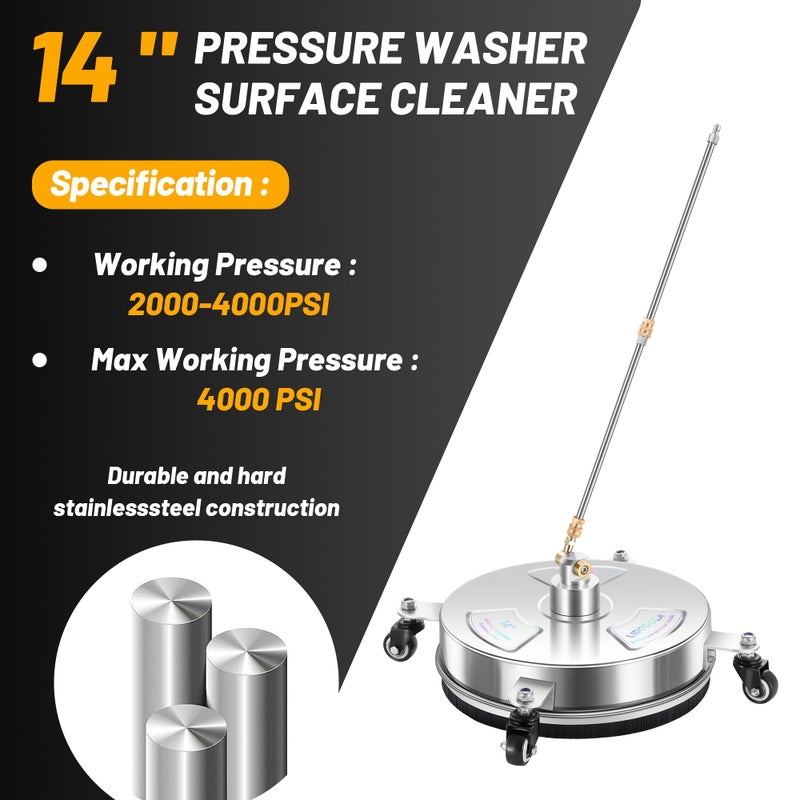 14" Pressure Washer Surface Cleaner with 4 Wheels - Stainless Steel Surface Cleaner for Pressure Washer Attachment for Concrete, Patio, Sidewalk, Deck and Driveways - PWS14 - Image 3