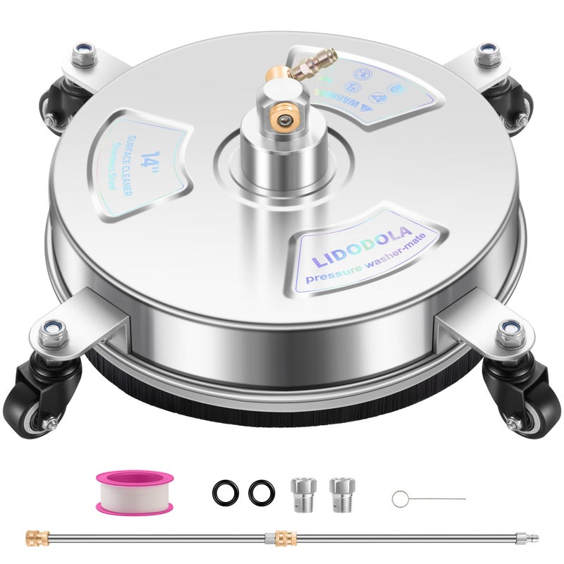 14" Pressure Washer Surface Cleaner with 4 Wheels - Stainless Steel Surface Cleaner for Pressure Washer Attachment for Concrete, Patio, Sidewalk, Deck and Driveways - PWS14 - Image 1