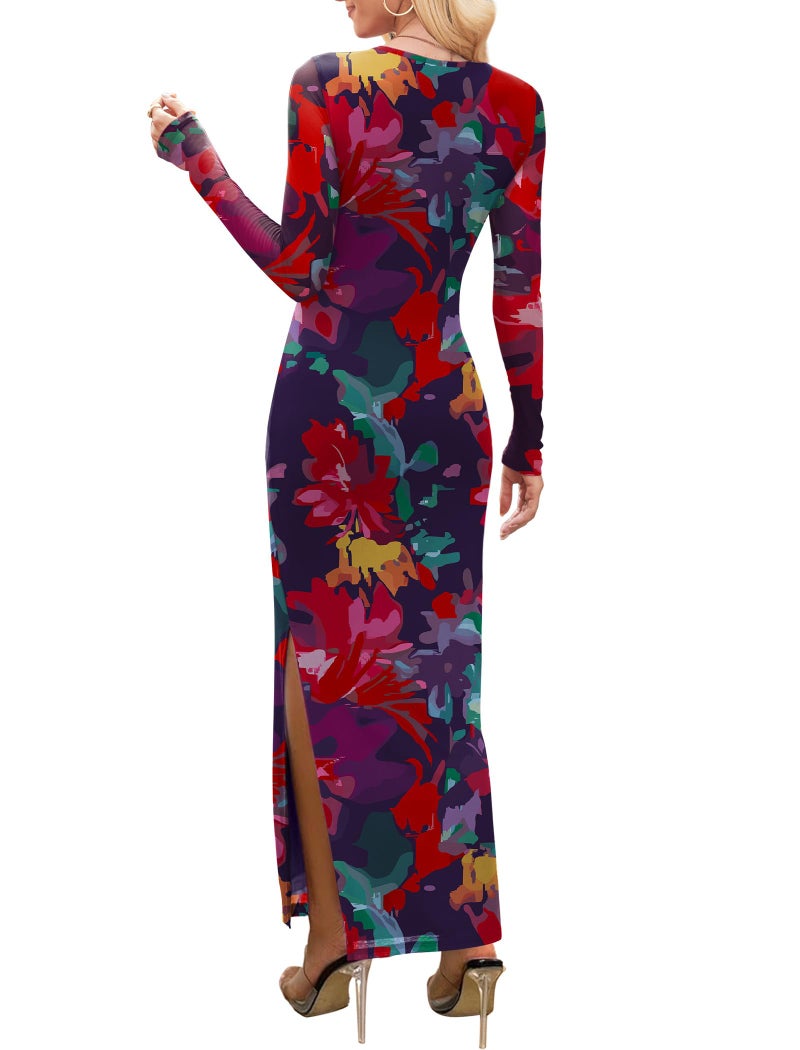WIHOLL Wedding Guest Dresses for Women 2025 Elegant Classy Fall Formal Cocktail Long Sleeve Ruched Bodycon Boho Maxi Italian Dress Floral S - Image 4