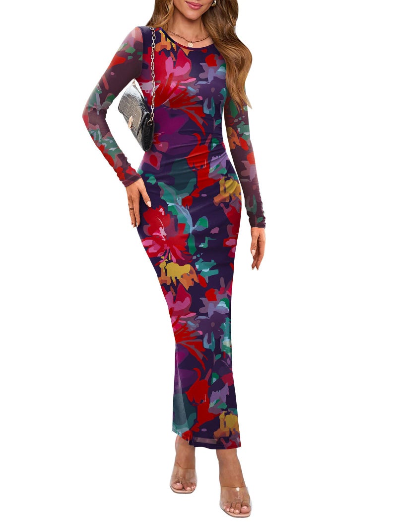 WIHOLL Wedding Guest Dresses for Women 2025 Elegant Classy Fall Formal Cocktail Long Sleeve Ruched Bodycon Boho Maxi Italian Dress Floral S - Image 1