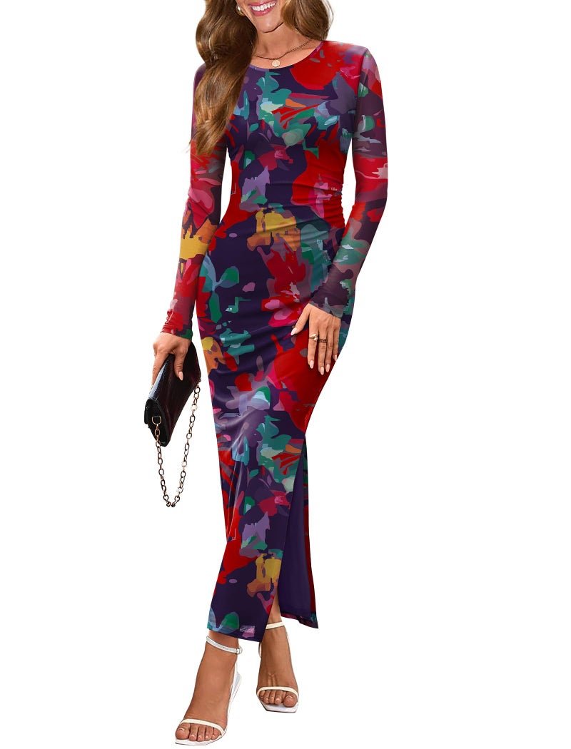 WIHOLL Wedding Guest Dresses for Women 2025 Elegant Classy Fall Formal Cocktail Long Sleeve Ruched Bodycon Boho Maxi Italian Dress Floral S - Image 2