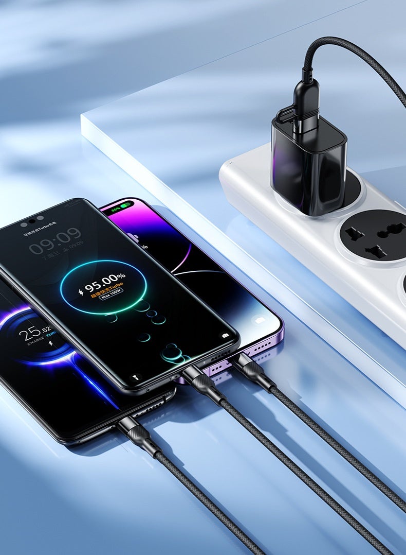 كابل شحن سريع سلسلة 3 في 1، Type-C/Lightning/Micro-C، مدخل مزدوج USB-A/USB-C، 1.3 متر، أسود. - Image 5
