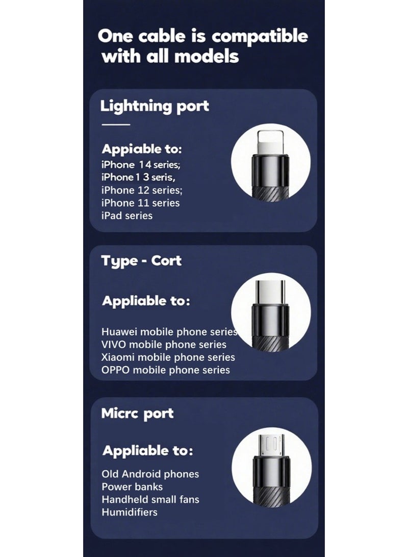كابل شحن سريع سلسلة 3 في 1، Type-C/Lightning/Micro-C، مدخل مزدوج USB-A/USB-C، 1.3 متر، أسود. - Image 4