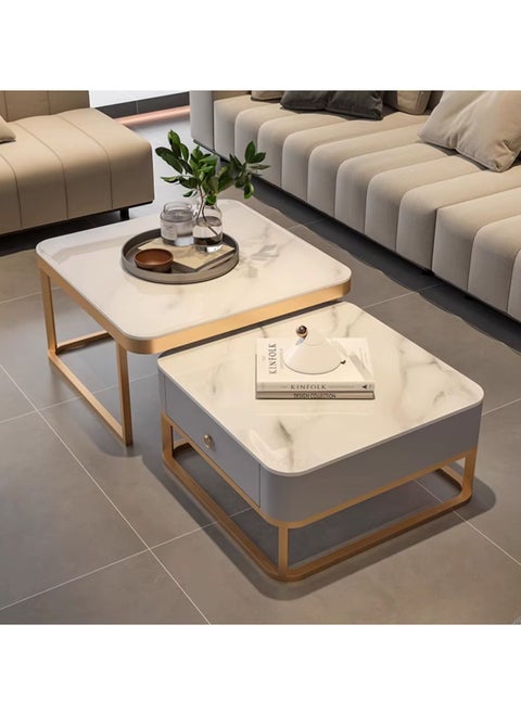 Modern Living Room Coffe Table Nesting Coffee Table Set of 2,Modern Side Table,Round Tempered Glass Marble Texture Stackable Coffee Tables,Living Room Sofa Table, Metal Frame