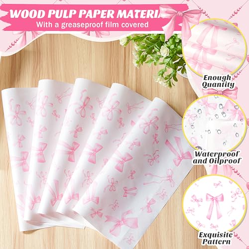 Marspark 100 Sheet Pink Bow Wax Paper Coquette Ribbon Bowknot Wrapping 11.4 x 11 Inches Lovely Pink Tissue Paper for Sandwich Burgers Greaseproof Wrapping for Picnic Birthday Wedding Party Packing - Image 4
