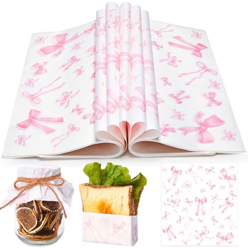 Marspark 100 Sheet Pink Bow Wax Paper Coquette Ribbon Bowknot Wrapping 11.4 x 11 Inches Lovely Pink Tissue Paper for Sandwich Burgers Greaseproof Wrapping for Picnic Birthday Wedding Party Packing - Image 1