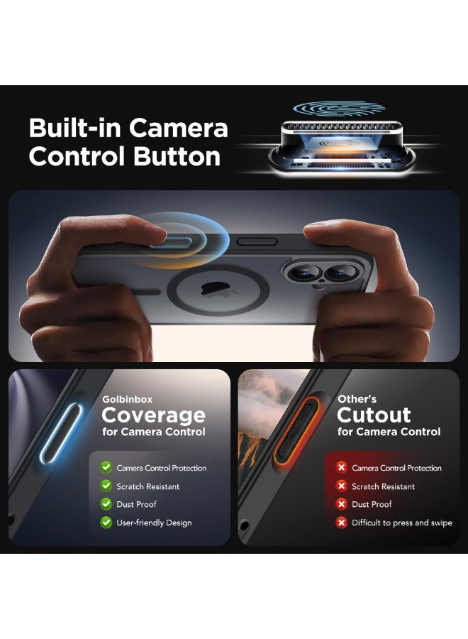 جولبينبوكس جراب مغناطيسي لهاتف iPhone 16 مع زر التقاط للتحكم في الكاميرا، متوافق مع MagSafe، [حماية كاملة للكاميرا] [واقي شاشة 2X] غطاء هاتف شفاف غير لامع لهاتف iPhone 16 مقاس 6.1 بوصة (أسود) - Image 2