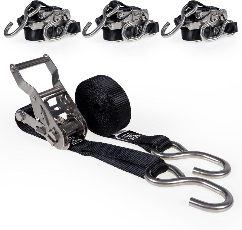 US Cargo Control Stainless Steel Ratchet Strap Tie Down - 1 Inch Wide x 10 Foot Long - Black - 4 Pack - Image 1