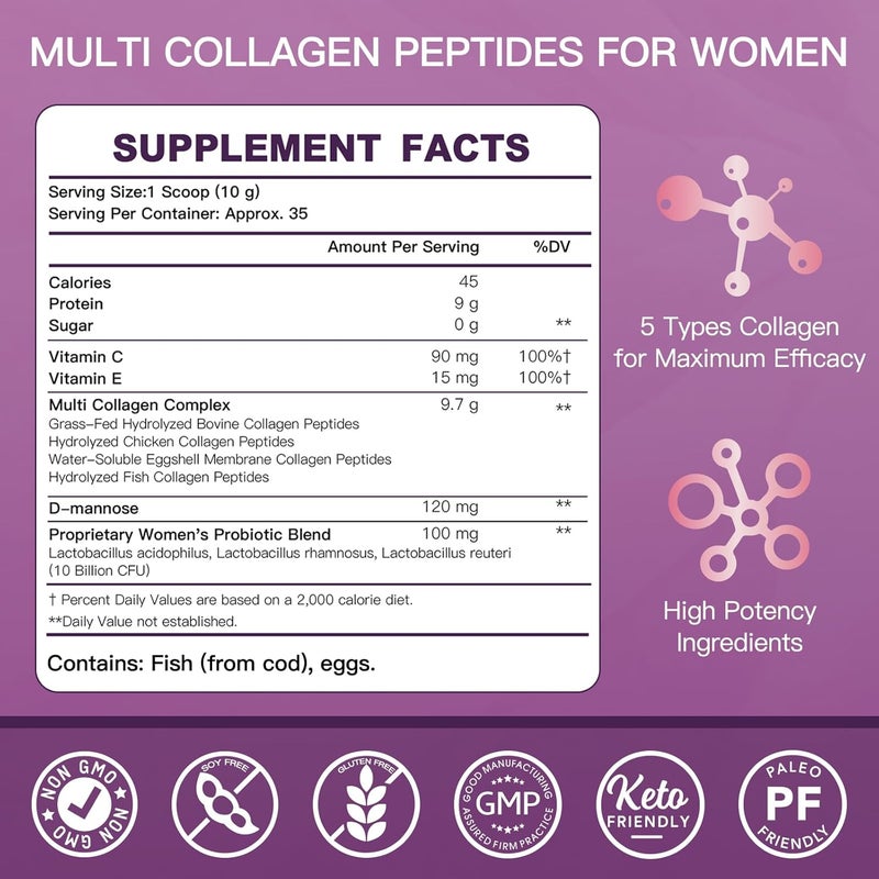 ZEBORA Multi Collagen Peptides Powder for Women  Hydrolyzed Collagen Peptides with DMannose  Womens Probiotics  Supports Skin Hair Nails and Urinary Tract Health Unflavored 35 Servings - Image 2